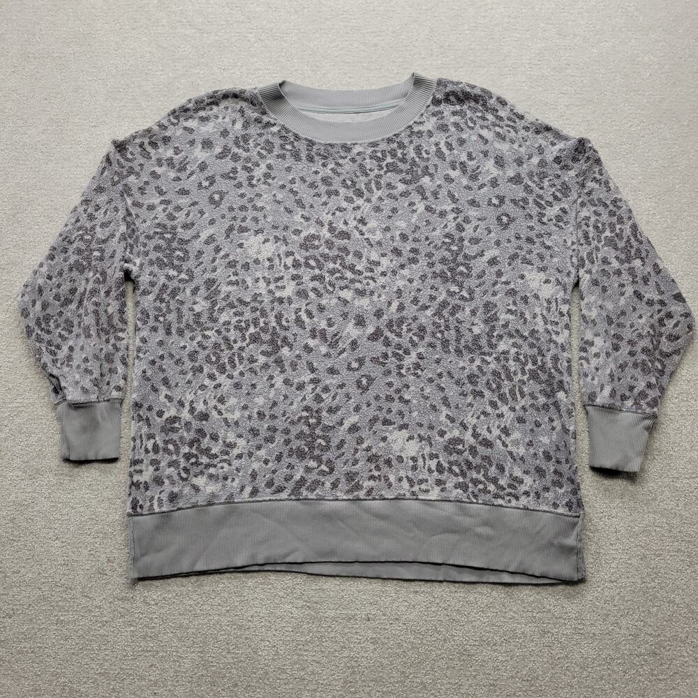 Aerie Womens XL Leopard Print Sherpa Fleece Sweatshirt Gray Oversized Pullover
